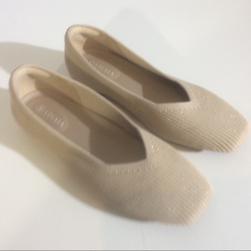 VIVAIA Beige Tan Square Toe Ribbed Knit Flats Tan Open Mesh Summer Slip-On Shoes
